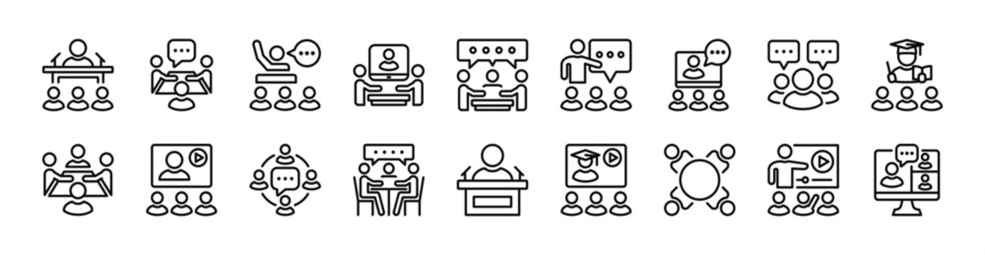 Conference thin line icon set. Contains meeting, seminar, workshop, presentation, conversation, advice, discussion, coaching, communication, virtual online learning, teaching - vector illustration