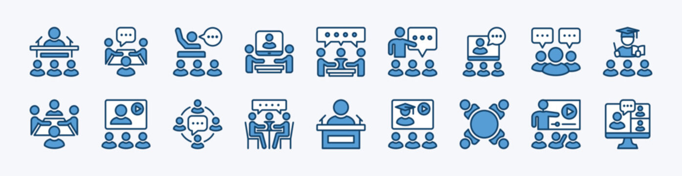 Set of conference icon. Contains meeting, workshop, seminar, presentation, discussion, teaching, conversation, advice, coaching, communication, virtual online learning - vector illustration