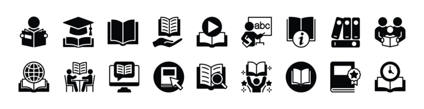 Reading book icon vector set. Contains library, learning, study group, open book, e-learning, education, guide, teaching, academic, research, information - illustration