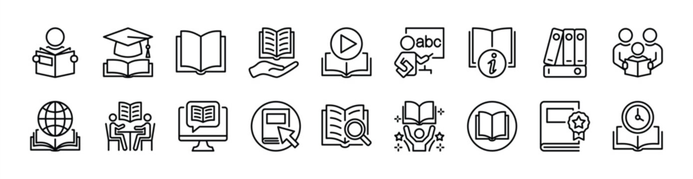 Reading book icon set. Contains library, learning, study group, open book, e-learning, guide, teaching, academic, research, information - vector illustration