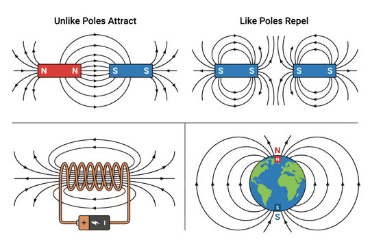 Magnetic field diagrams showing attraction repulsion and electromagnet