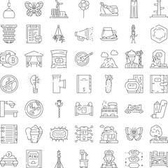Fototapeta premium Collection of outline icons representing various aspects of daily life, technology, environment, food, and culture, illustrating a wide range of subjects