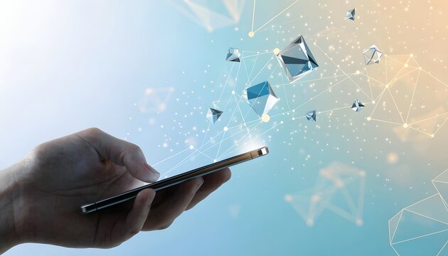 Mobile banking network and decentralized financial applications. Blockchain transaction technology solutions. Person holding a smartphone with floating glass crystal nodes