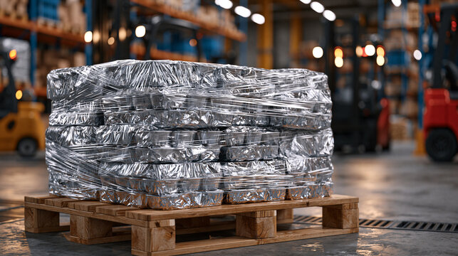 Realistic fulfillment warehouse featuring a pallet loaded with shrink-wrapped food products waiting for transportation, transparent protective wrap, industrial shelving, forklifts, and warehouse mac