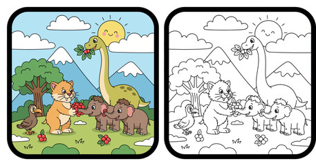 Cute Prehistoric Animals Sharing Berries in a Mountain Landscape, Cartoon Vector Illustration © MstSangita