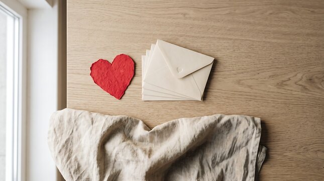 Red paper heart with stack of envelopes on rustic wooden table with soft natural window lighting