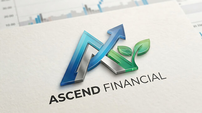Ascend Financial Logo with Upward Arrow and Green Leaves on Financial Charts Background business growth