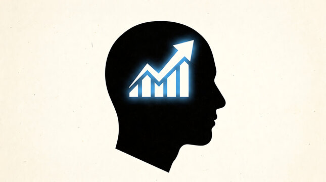 Black Head Silhouette with Blue Glowing Upward Trend Bar Graph on Textured Background human profile brain