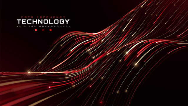 Futuristic Dark Red Gold Light Dot Particle Curve Flow Graphic Design Generates Smart Data Frequency Technology Presenting Fast Wave Future Science Computer Network.