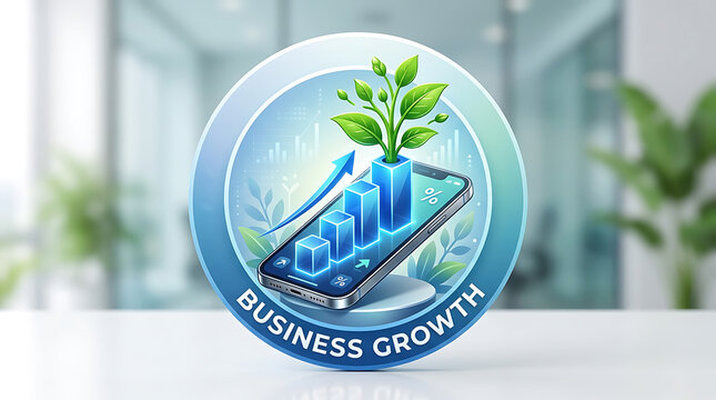 Business growth logo with plant sprouting from smartphone and bar graph icon symbol