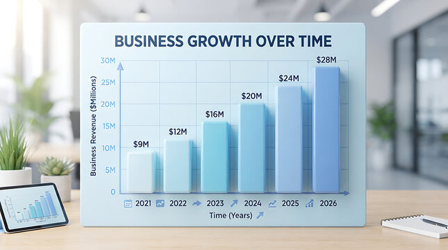 Business revenue growth over time bar chart on a desk business growth graph