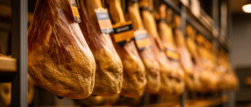 Artisan gourmet culture captured in a warmlit curing room where whole ham legs hang in golden rows ideal for food heritage, Spanish cuisine, charcuterie, and delicatessen editorial content.