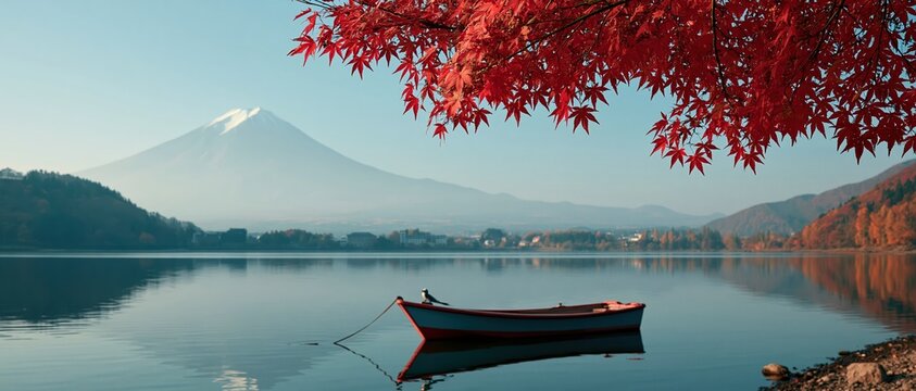 Bucket list tranquility a lone rowboat drifts on mirror calm Lake Kawaguchi framed by crimson maple leaves, with snowcapped Mount Fuji rising serenely at dawn.