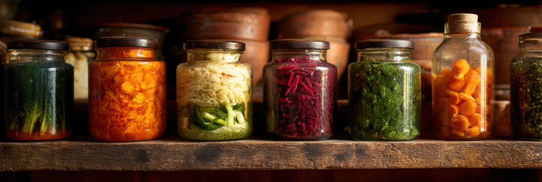 Artisan fermentation meets holistic wellness vibrant jars of kimchi, sauerkraut, pickled beets, and carrots line a weathered wooden shelf, celebrating gut health and zero waste living.