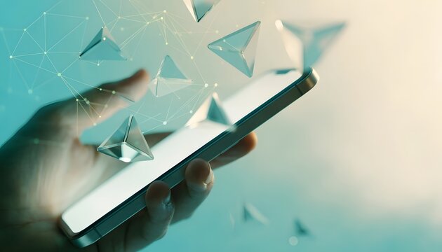 Digital wallet application and secure crypto asset management. Decentralized network transaction systems. Human hand using a glowing smartphone with floating glass geometric prisms