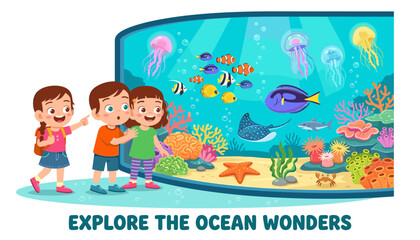 Fototapeta premium Happy children looking at fish and sea animals in a large aquarium tank, exploring the ocean wonders, educational cartoon illustration for kids