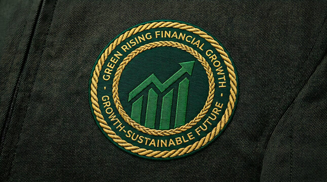 Green financial growth emblem with rising arrow and text on dark fabric logo