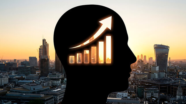 Silhouette of Human Head with Glowing Upward Trend Bar Graph Against Cityscape Sunset head silhouette