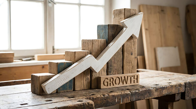 Wooden Staircase Growth Chart with White Arrow and " GROWTH" Sign on Workbench upward arrow business growth