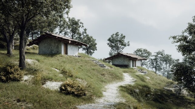 Simple mountain foothill retreat with a landscaped garden in soft countryside light