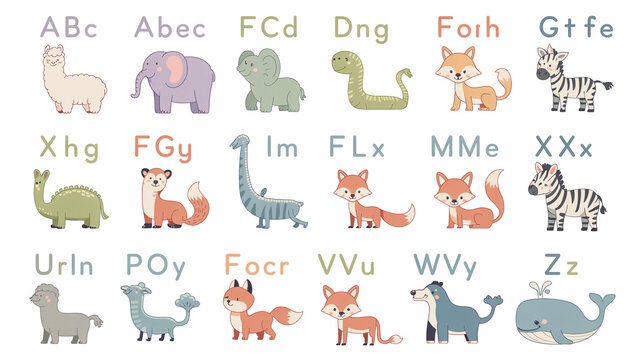 Alphabet learning cards with animals and letters on a white background alphabet learning education children friendly elephant amphibian