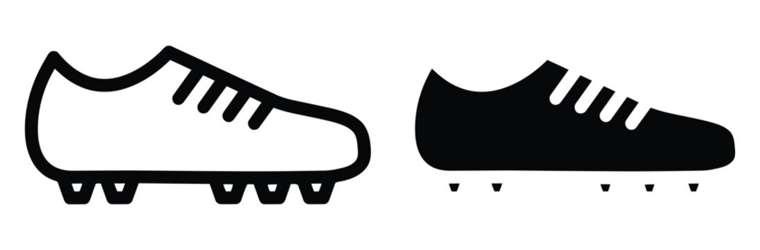 Football boots icon set. Soccer cleats shoe symbol for athletic sports game, player training competition equipment, black and white vector outline glyph illustration