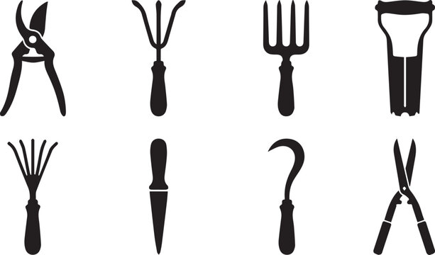 Black garden tool silhouette set featuring pruning shears rake hand fork bulb planter weeded knife and clippers