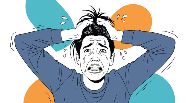 Intense illustration of a stressed and crying person pulling their hair in frustration against colorful abstract background shapes.