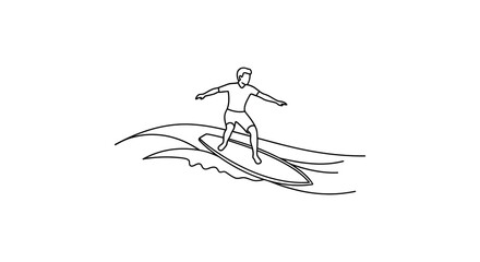 Fototapeta premium Surfer riding a wave black line drawing on white background