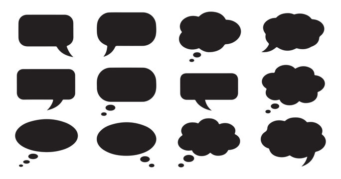 Thought bubbles and talk frames for storyboard creation with different shapes in solid black color.
