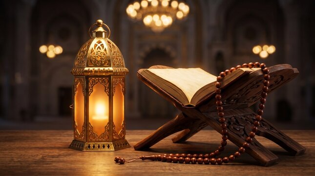 Open quran book on a wooden stand with a glowing lantern in a mosque during ramadan