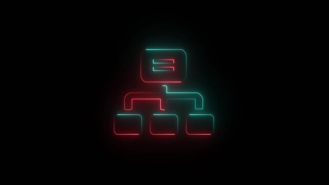 Neon glowing organizational chart icon on black background