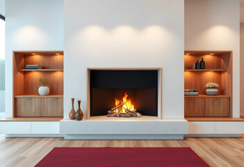 Obraz premium Minimalist modern living room with lit fireplace and wooden shelves