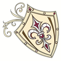 Ornate heraldic shield with floral embellishments fleur de lis heraldic © SAGOR
