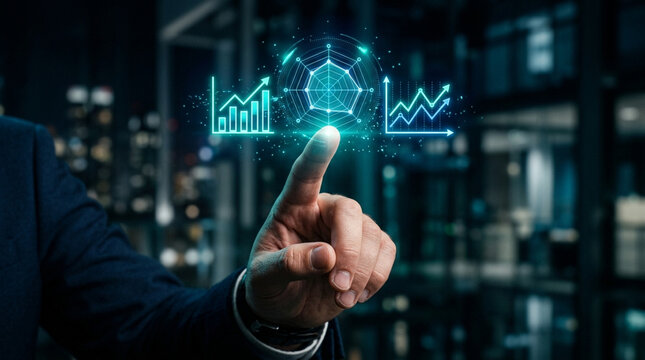 Close-up of a businessman's hand touching a glowing digital interface displaying data visualization charts, radar graphs, and financial growth trends against a blurred office background.