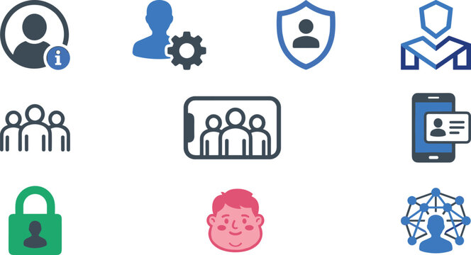 Modern user account management and digital identity security icon set featuring profile authentication team collaboration access control and mobile verification vector