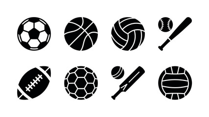 Obraz premium Team ball games. Filled icon set of Team ball games: soccer ball, basketball, volleyball, baseball with bat, rugby ball, handball, cricket bat and ball, water polo ball. Solid icons set. All icons in