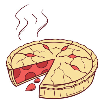 Stylized illustration of hot cherry pie with slices and steam, delicious
