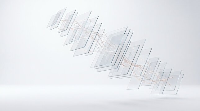 Abstract representation of interconnected transparent layers with subtle data flow lines on a clean white background.