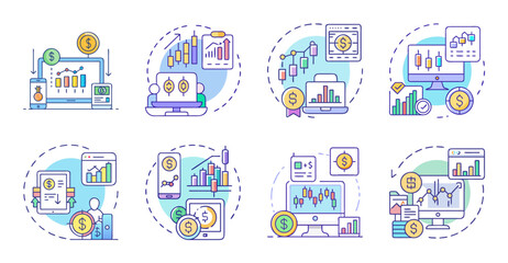 Naklejka premium Flat design icons of home office workspace tools - Colorful flat icons showing laptop, tablet, phone, printer, and office supplies arranged neatly in a workspace theme.