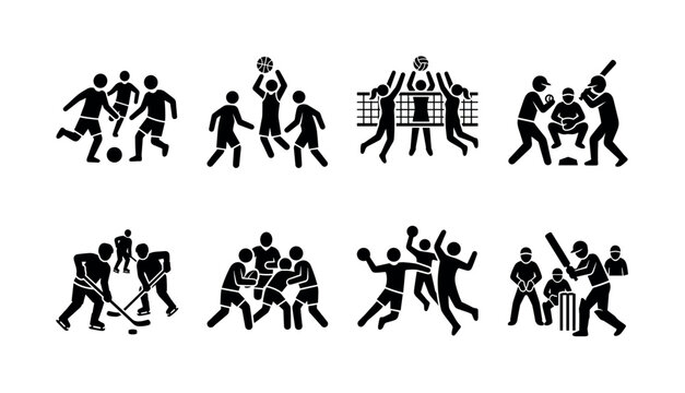 Team sports. Filled icon set of Team sports: soccer players, basketball team, volleyball players, baseball team, hockey players, rugby team, handball players, cricket team. Solid icons set. All icons