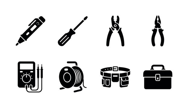 Electrician tools and maintenance. Filled icon set of Electrician tools and maintenance: voltage tester, insulated screwdriver, wire stripper, electrical pliers, multimeter, cable reel, tool belt,