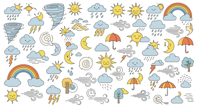 Comprehensive set of cute weather icons includes various suns, clouds, rain, snow, lightning, tornados, and rainbows in a playful style.
