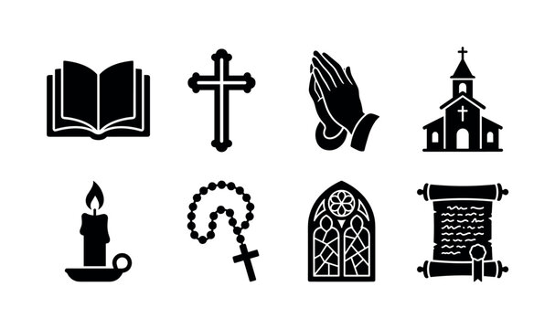 Bible in Christian Life. Filled icon set of Bible in Christian Life: open Bible book, cross symbol, prayer hands, church building, candle light, rosary beads, stained glass window, scripture scroll.