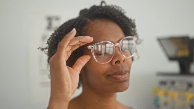 Young african american woman optician adjusts pink glasses on face while holding temple in studio with eye chart and frame display; friendly service.