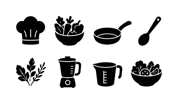 Healthy Cooking. Filled icon set of Healthy Cooking: chef hat, vegetable bowl, pan, cooking spoon, fresh herbs, blender, measuring cup, salad bowl. Solid icons set. All icons in only black color. All