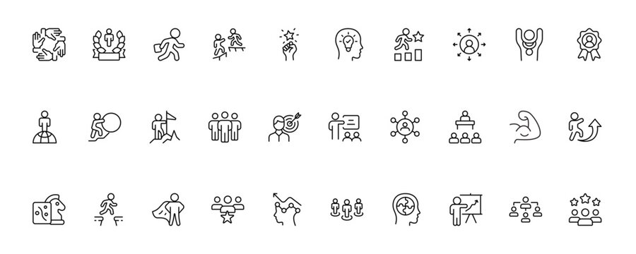 Leadership and Teamwork Icon Set - Business Team, Manager, Cooperation, Trust and Group Success Line Icons for Corporate Use