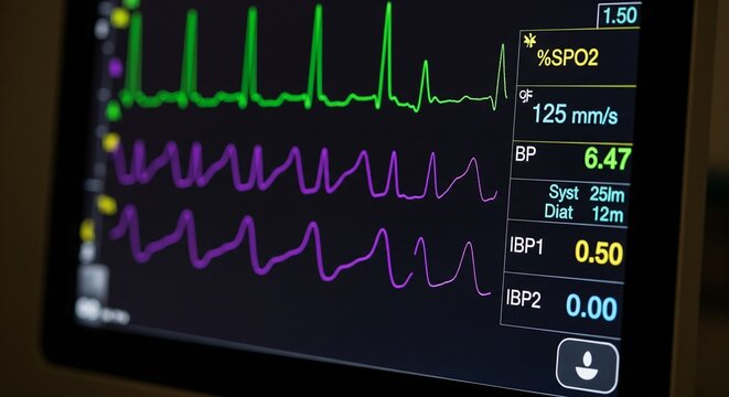 Close-up of a medical monitor screen displaying vital signs including ECG, SPO2, and blood pressure
