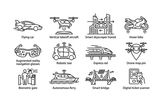 Future city travel. Line outline icon set of Future city travel: flying car, vertical takeoff aircraft, smart skyscraper transit, hover bike, augmented reality navigation glasses, robotic taxi,
