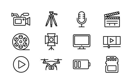Video production. Line outline icon set of Video production: video camera, tripod, microphone, clapperboard, film reel, studio light, monitor, editing timeline, play button, drone, battery, memory